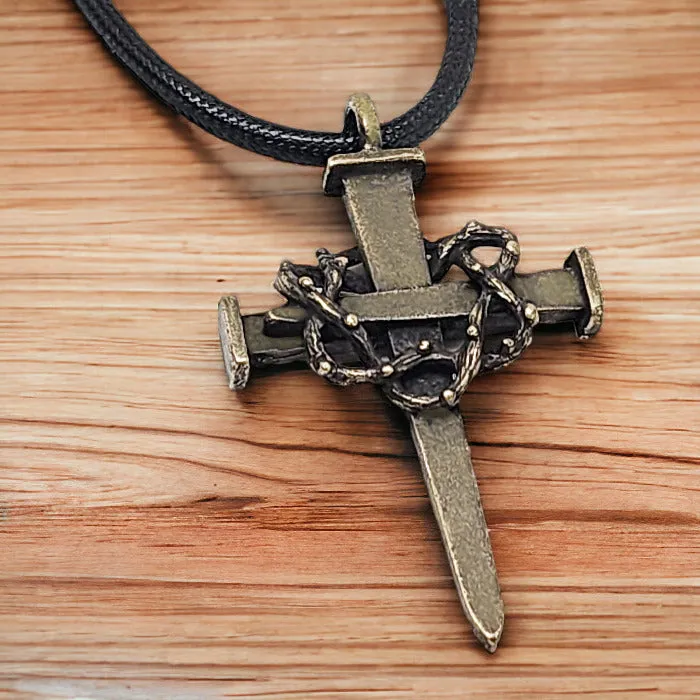 Nail Crown Cross Necklace Large Cross Antique Brass Metal Finish