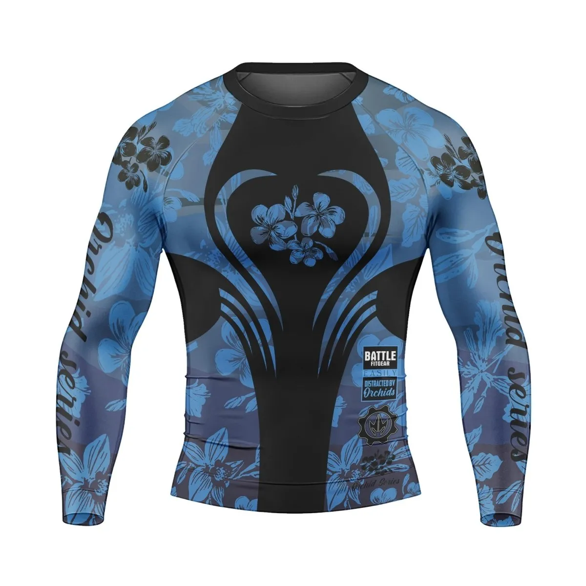 Orchid Series Floral Blue Heart Pattern Men's Long Sleeve Rash Guard