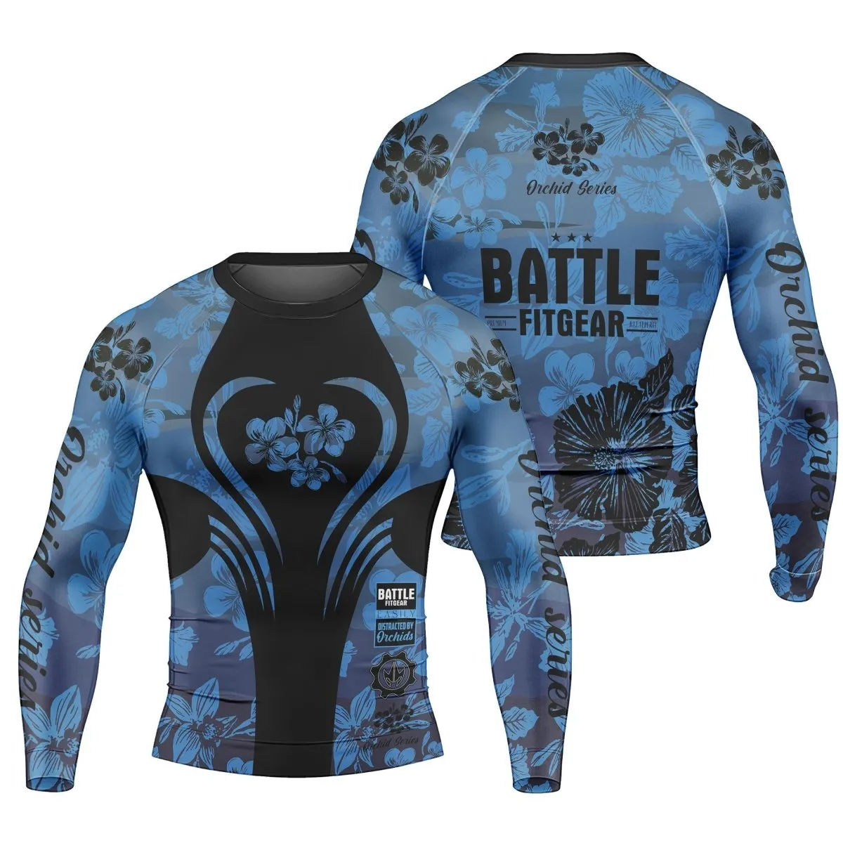 Orchid Series Floral Blue Heart Pattern Men's Long Sleeve Rash Guard