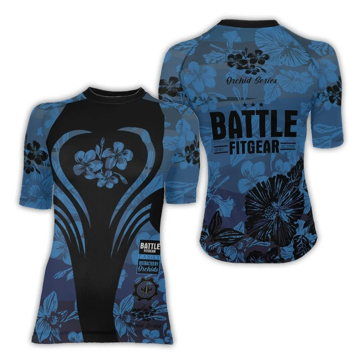 Orchid Series Floral Blue Heart Pattern Women's Short Sleeve Rash Guard