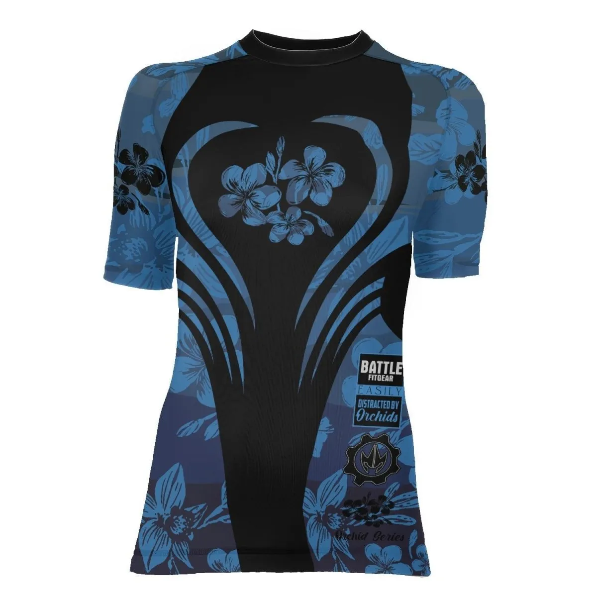 Orchid Series Floral Blue Heart Pattern Women's Short Sleeve Rash Guard