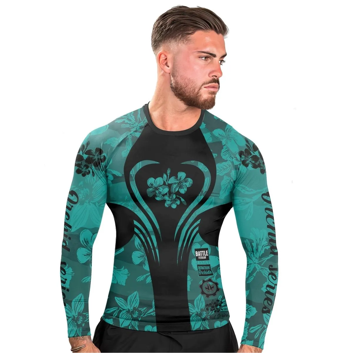 Orchid Series Teal Heart Pattern Men's Long Sleeve Rash Guard