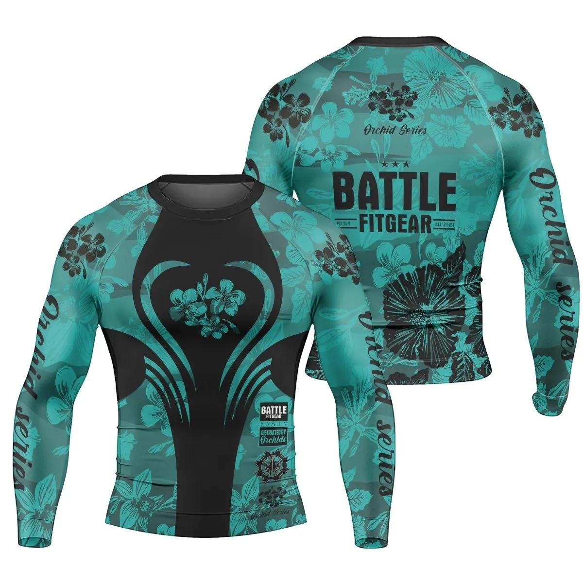 Orchid Series Teal Heart Pattern Men's Long Sleeve Rash Guard