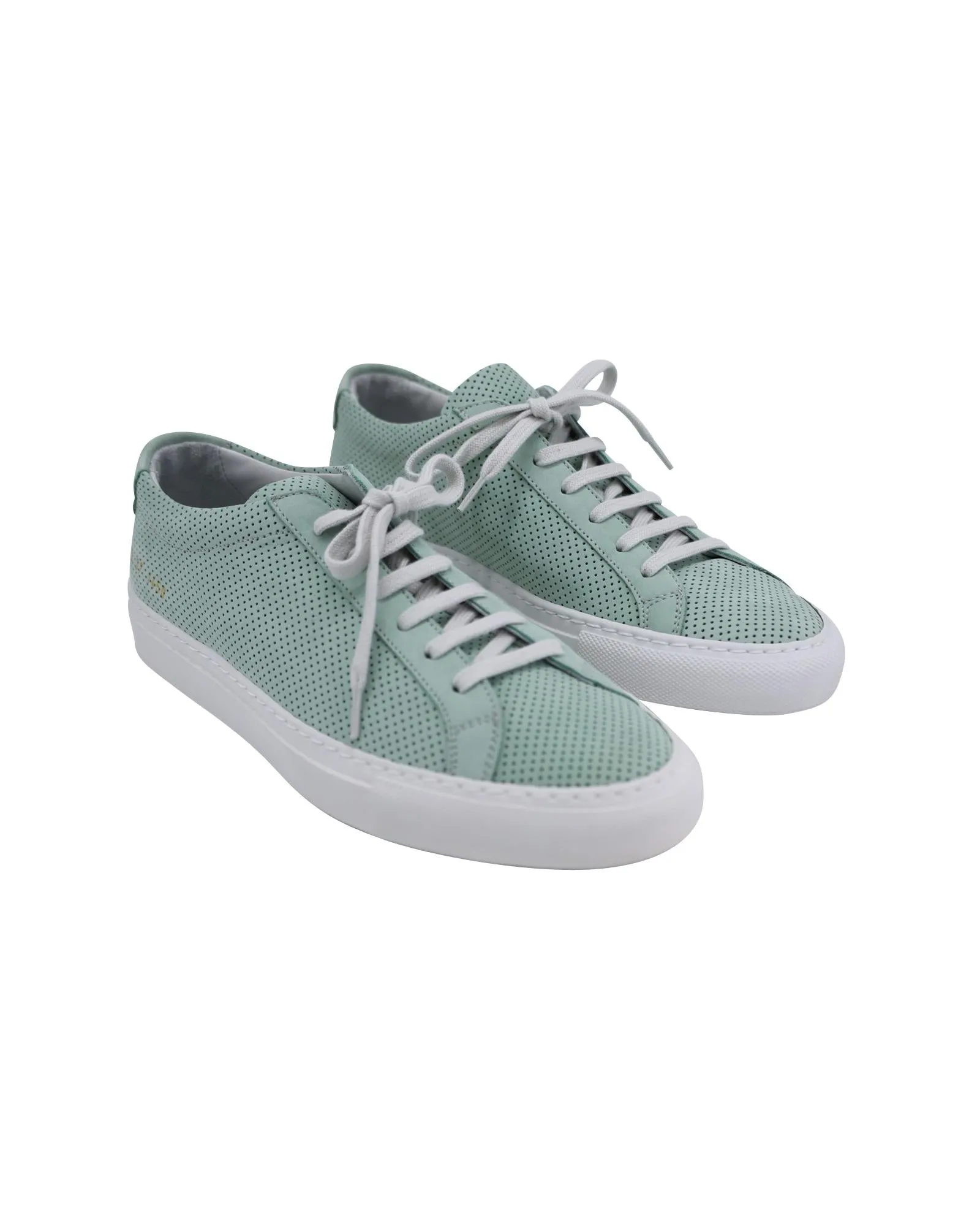 Perforated Teal Calfskin Leather Sneakers with Gold Embossed Detailing