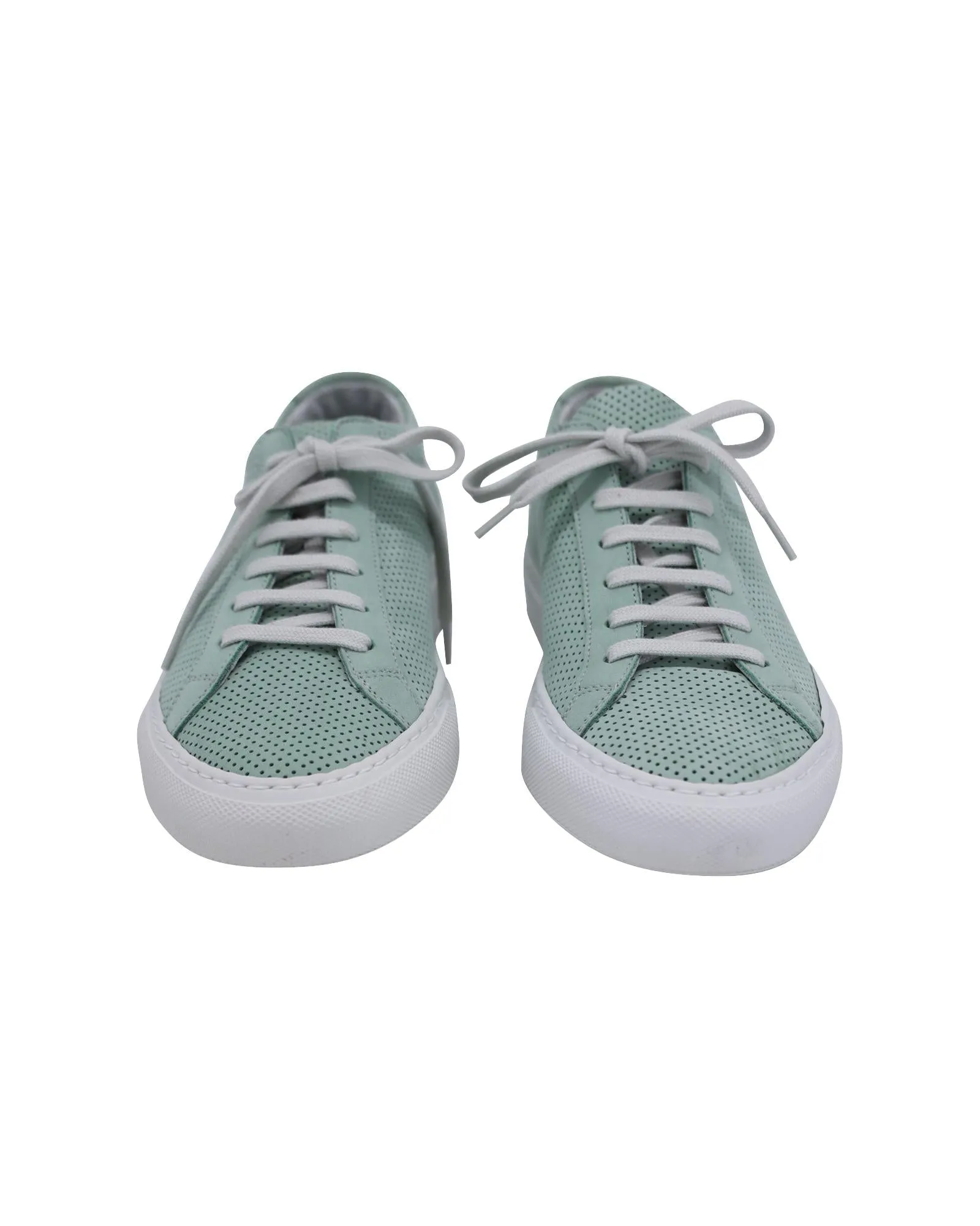 Perforated Teal Calfskin Leather Sneakers with Gold Embossed Detailing
