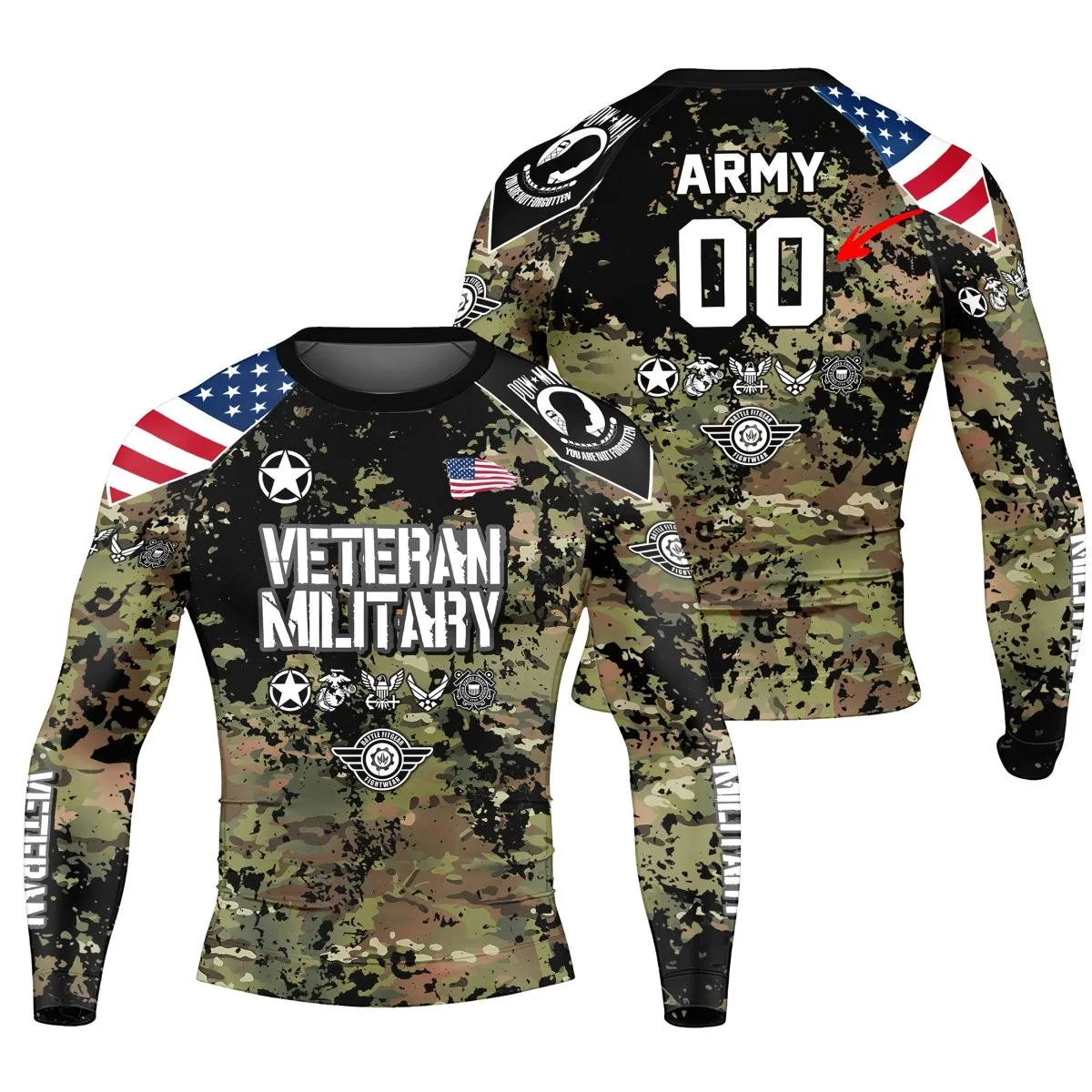 Personalized Veteran Army Camouflage Men's Long Sleeve Rash Guard
