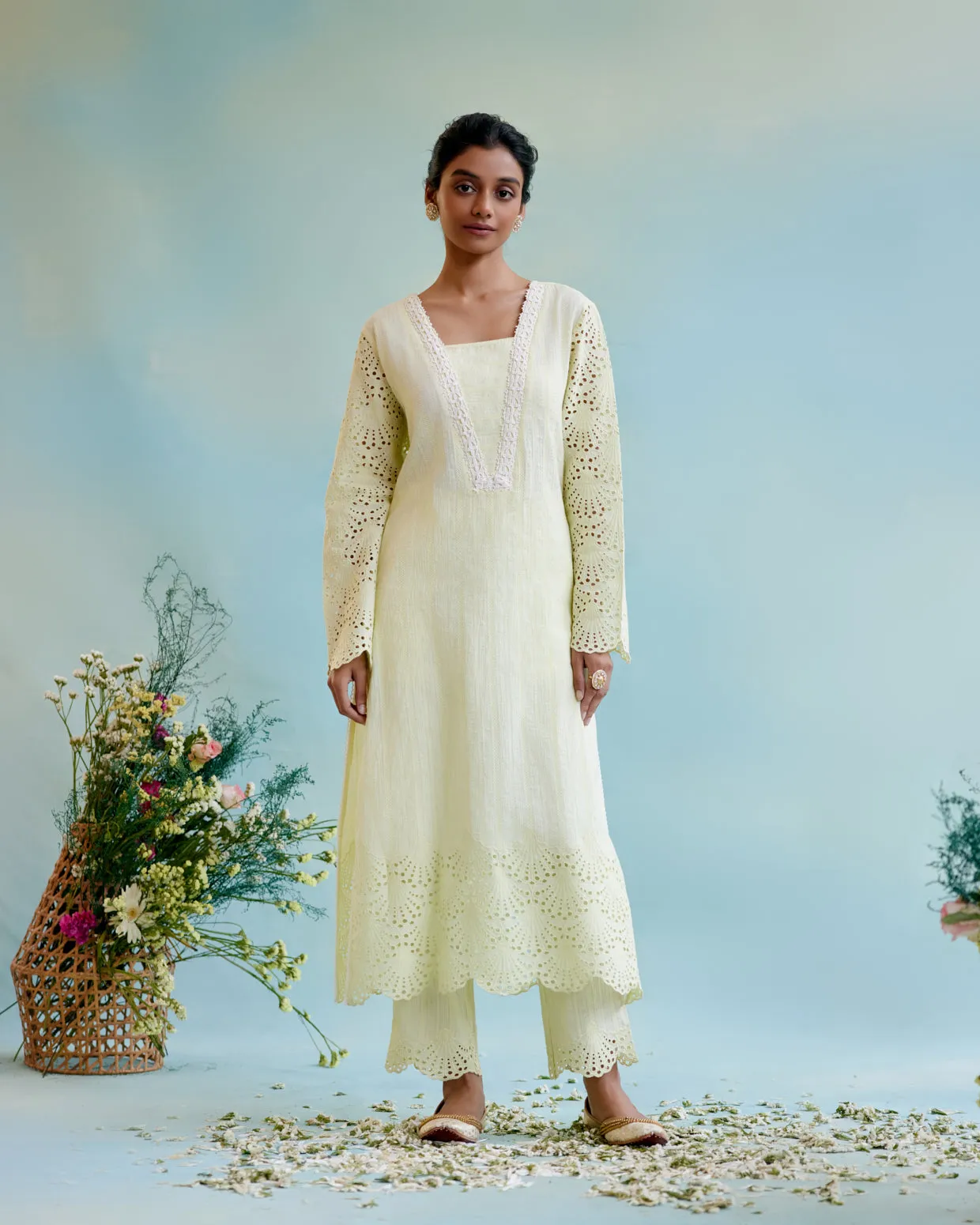 Yellow Petal Kurta in Cotton Dobby with Lace Detaling and Scallop Sleeves
